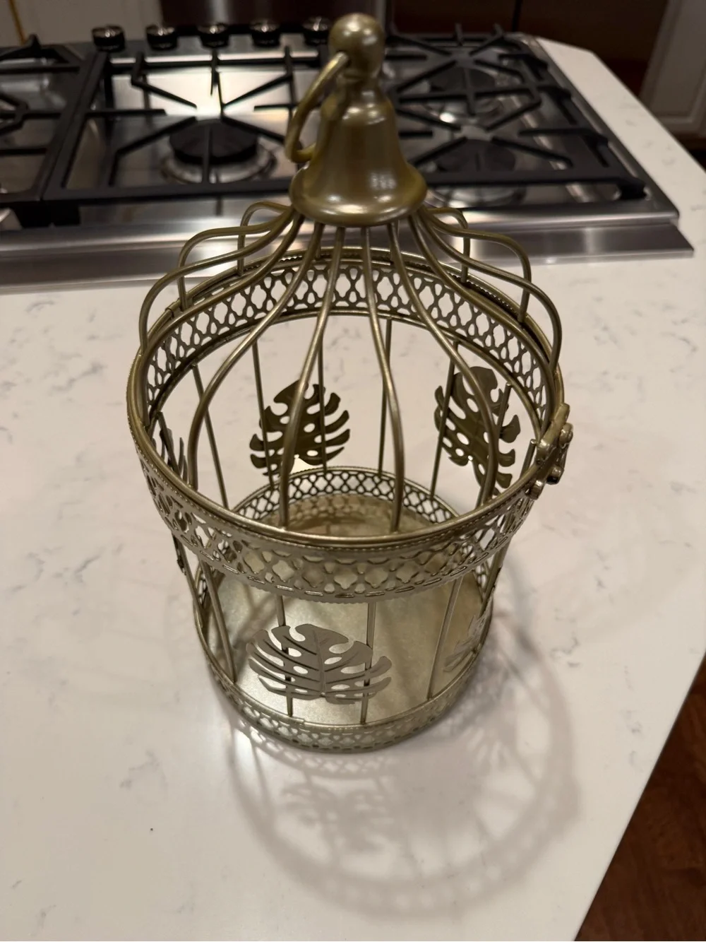 Gold Metal Birdcage Lantern Candle Holder Monstera Leaf Tropical Boho Decor